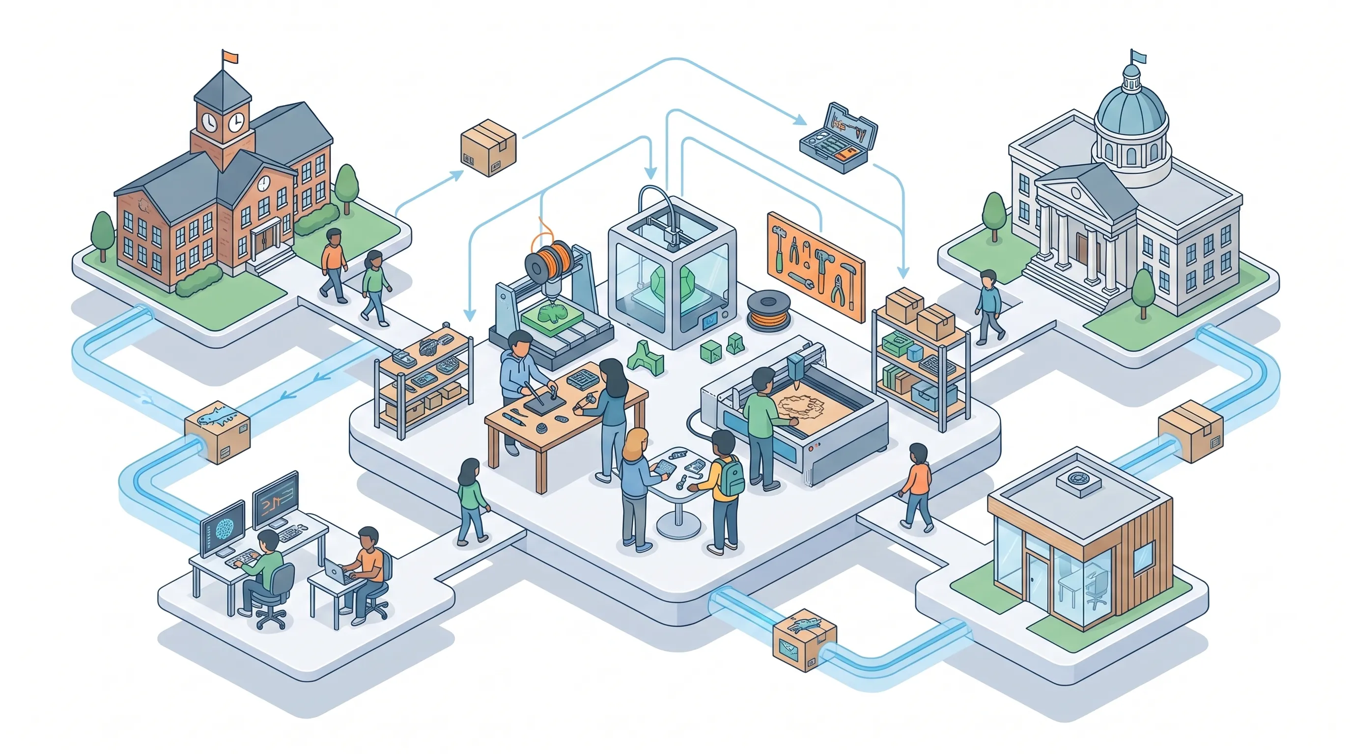 Isometrische Illustration des Partner-Modells: Schule, Gemeinde und Unternehmen verbunden mit einer schlüsselfertigen Maker-Space-Werkstatt