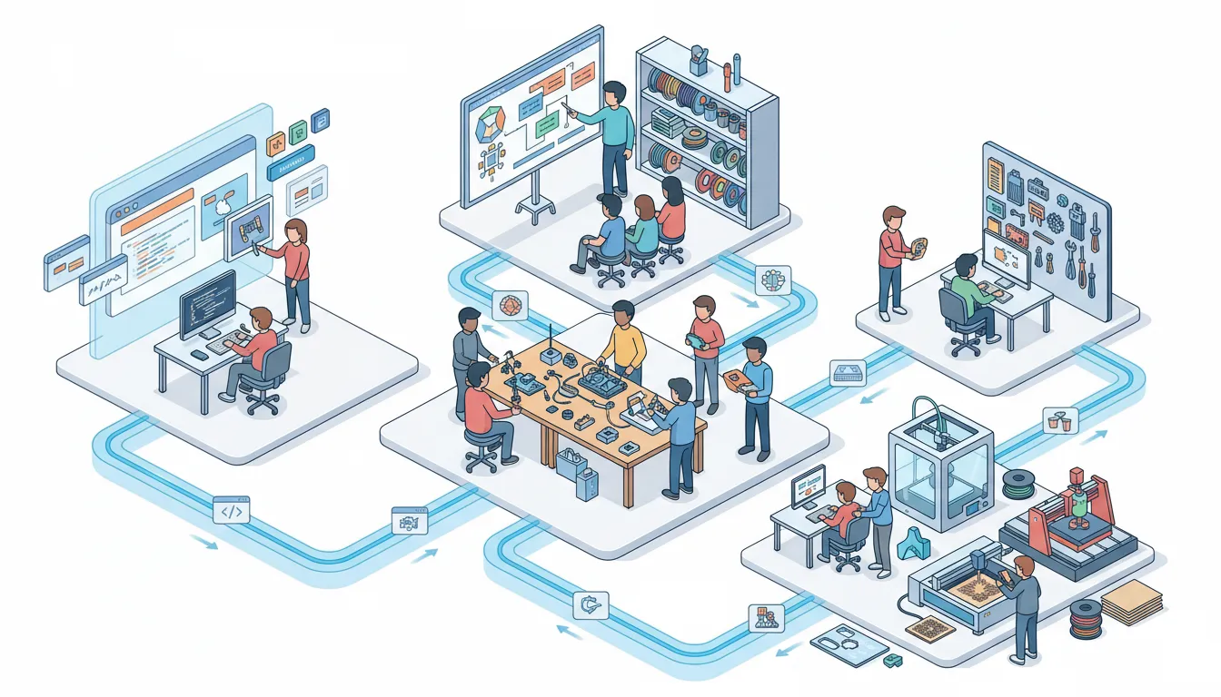 Isometrische Illustration eines Schul-Workshops: Klassenzimmer mit 3D-Druckern, Elektronik-Arbeitsplätzen und Schülerinnen und Schülern beim Experimentieren