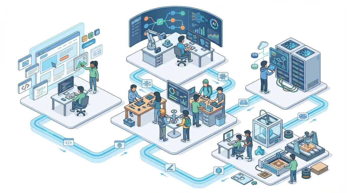Isometrische Illustration der LunoLabs Services: Web-Entwicklung, AI-Automation, Server-Infrastruktur und digitale Fertigung